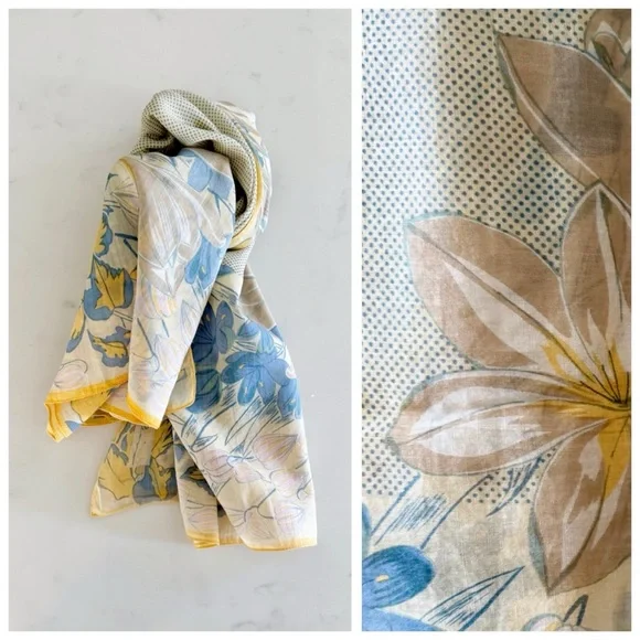 70s Vintage Anne Klein Swiss Dot & Floral Print Cottagecore Cotton Scarf Wrap - Picture 9 of 17